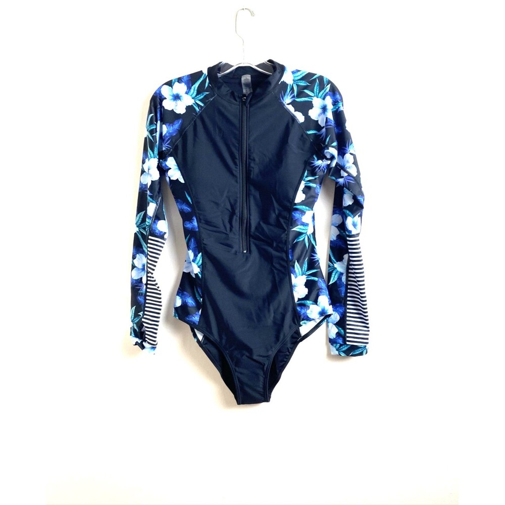 One Piece Swimsuit Size L Black UV Rash Guard Flower Stripe Long Sleeve Surfing
